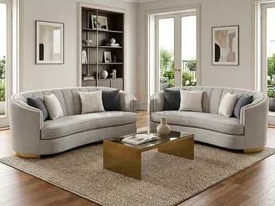Pair of Curved Grey Fabric Sofas - Excellent Condition