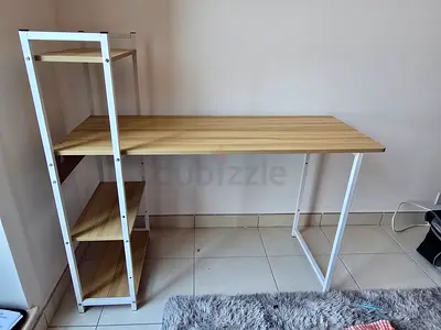 Wooden Study Desk, 120x48, with Built-in Shelves - Light Oak