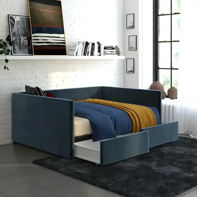 Blue velvet upholstered 2 drawers daybed