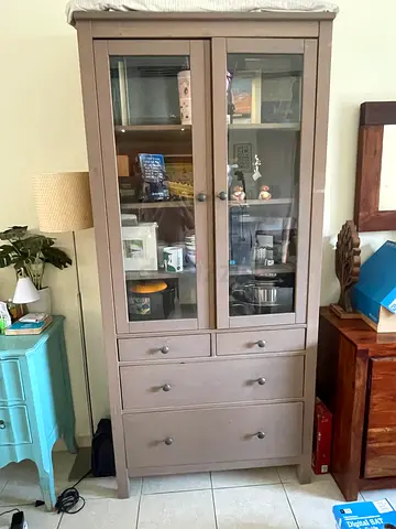 IKEA HEMNES Wooden display cabinet with glass doors and three drawers - good condition