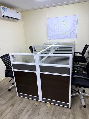 Used 4-Seat Office Workstation Partition Desk — Dark Wood Panels