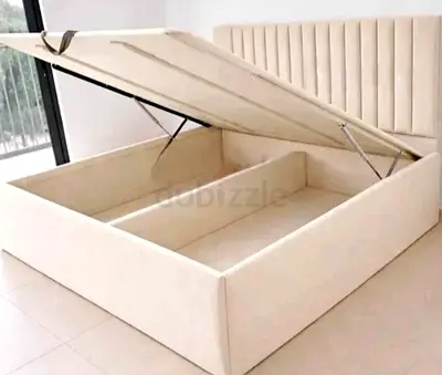 Beige Upholstered Storage Bed with Gas Lift — Queen/King