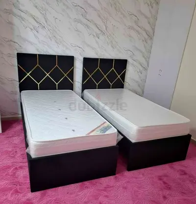 New Pair of Single Beds with Mattresses - Black Upholstered Frames