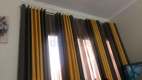 Set of Yellow & Grey Floor-to-Ceiling Curtains with Eyelet Top