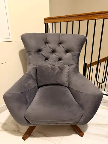 Gray Velvet Accent Armchair with Wooden Legs - Good Condition (made in turkey)