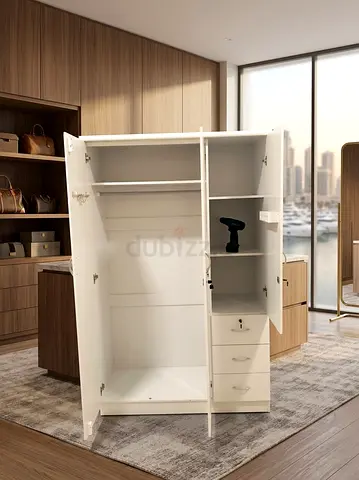 White 3-Door Wardrobe with Drawers and Hanging Rail