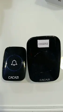 Black CACAZI button transmitter and chime receiver; asset COG052 visible.