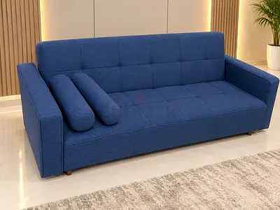 Blue three-seater fabric sofa bed in good condition