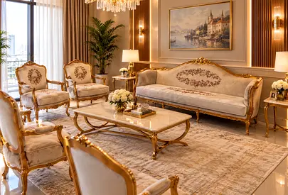 Elegant classic living room sofa set with gold trim (3-seater + 4 chairs)