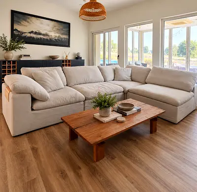 Large L-shaped Beige Fabric Sofa — Comfortable Sectional with Deep Seats