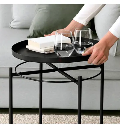 Black. Metal Round Side Table with Removable Tray.