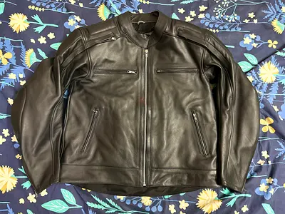 Men's black leather motorcycle jacket