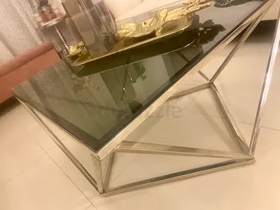 ‼️ Premium Tinted Glass Top Stainless Steel Coffee Table with Geometric Base‼️ 50% Discount