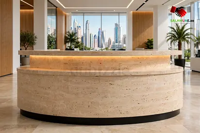 Sculpted Curved Travertine Reception Counter with LED Cove – Made-to-Order (Counter Only - Chairs No