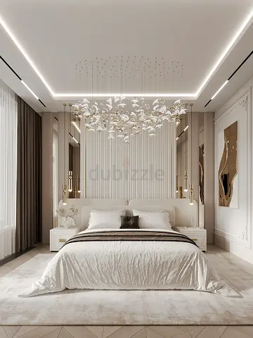 Modern Neutral King Bed with Headboard and Side Tables (Set)