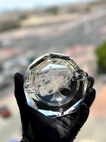 Crystal Faceted Paperweight with Etched Design - Good Condition