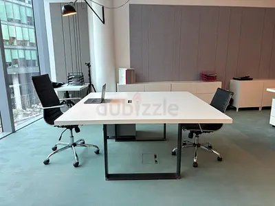 Italian designer desk 160x160, white top, black iron U base – AED 1,300