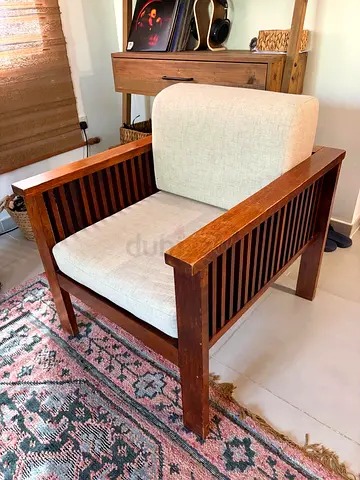 Solid Wood Armchair with Cushions - Pair of 1-Seater Rustic Lounge Chairs