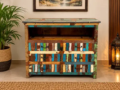 Vintage Reclaimed Wood Console Cabinet with Colorful Patchwork Finish