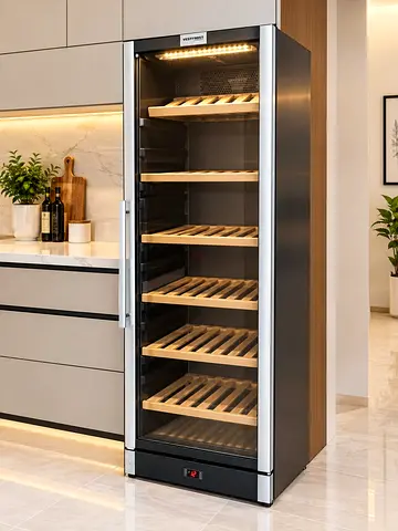 Vestfrost dual Temperature Single Door Wine Cooler / Wine Fridge - 6 Wooden Shelves, Glass Door