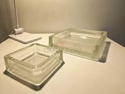 Set of 2 clear square glass ashtrays - small and large