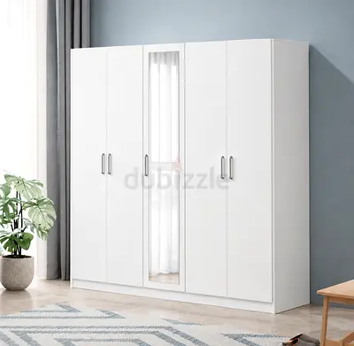 White 4-Door Wardrobe with Center Mirror - Good Condition