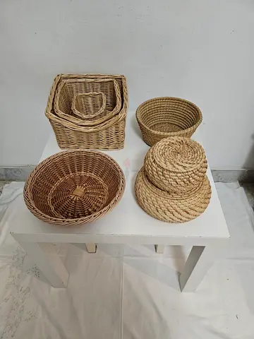 Set of 7 Handmade Wicker and Seagrass Baskets - Various Sizes