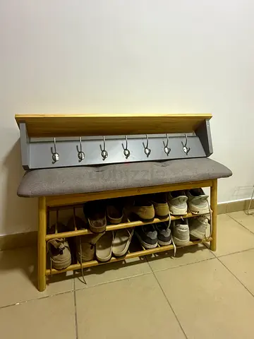 Wooden Shoe Rack with Padded Bench and Coat Hooks - Light Oak