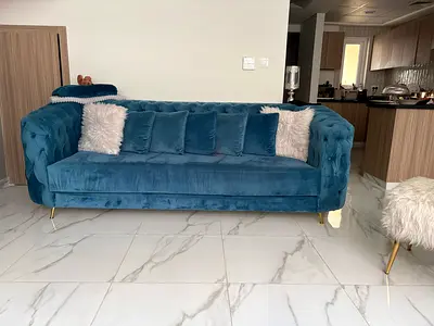 2X Blue Velvet Chesterfield 3-Seater Sofas with Gold Legs (2)
