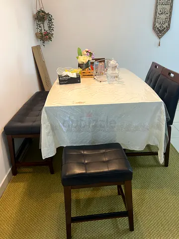 Wooden Dining Table with Bench and 4 Stools - Dark Finish