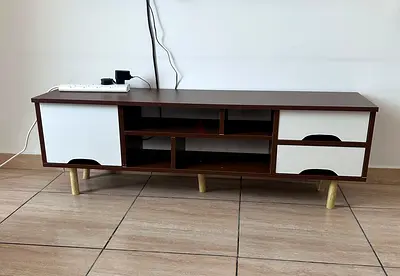 Low TV Entertainment Unit with Drawers - Wood & White Finish