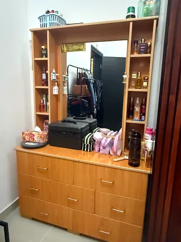 Wooden display cabinet with drawers and shelving - good condition