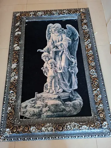 Framed Religious Statue Tapestry Artwork with Ornate Silver-Gold Frame