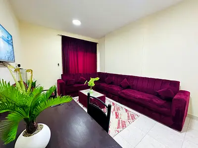 Two rooms and a living area, located opposite Thumbay Hospital, with easy access to Dubai; all util