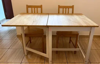 IKEA extendable wooden dining table with 2 chairs