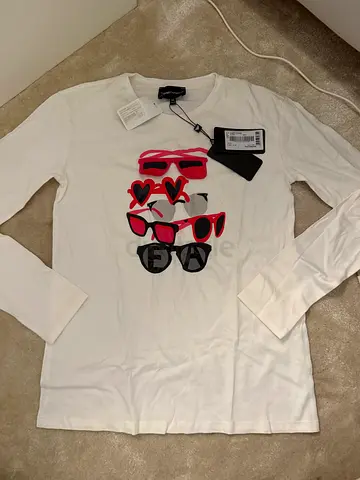 White long-sleeve women's top with sunglass graphic, brand new with tags