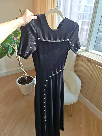 Maje Size 38 Black ribbed long dress with silver buttons, gently used