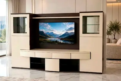 Modern cream and dark brown entertainment center / TV unit with display cabinets