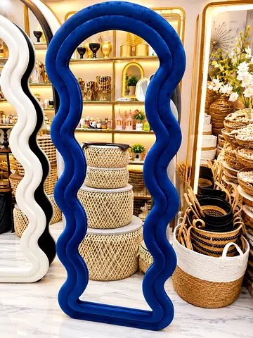 Tall Wavy Full-Length Blue Velvet Mirror