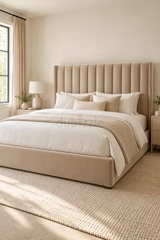 Comfortable Upholstered Bed – Thick Cushioned Headboard – Soft Beige Fabric