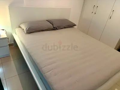 White double bed frame with headboard and mattress - Very good condition,  less than 1 year