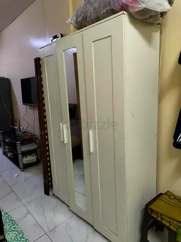 White 3-Door Wardrobe with Mirror - Good Condition