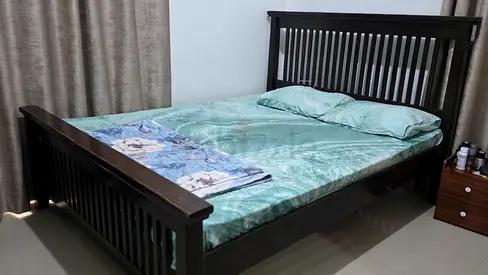 Solid Wood Double Bed Frame with Slatted Headboard and Footboard