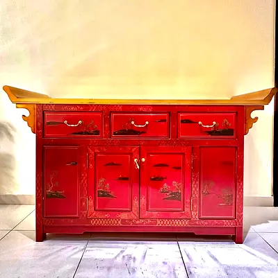 Red Lacquered Asian Sideboard / Console Cabinet with Gold Accents