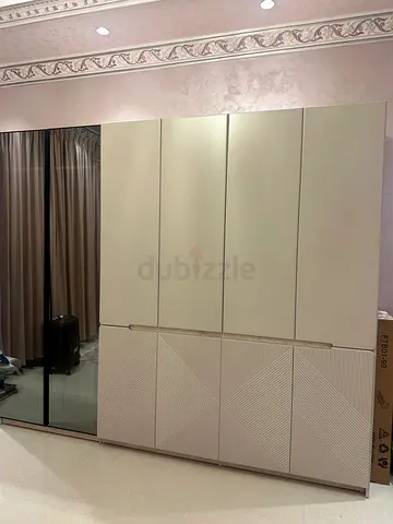 Modern 6-door Wardrobe with Mirror Panels - Beige/White plus black wardrobe