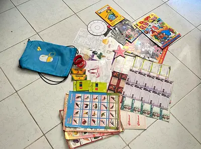 Children's activity books, stickers and learning sheets bundle with drawstring bag