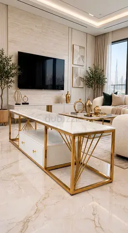 Marble Top Gold Metal TV Console / Coffee Table - Modern Luxury