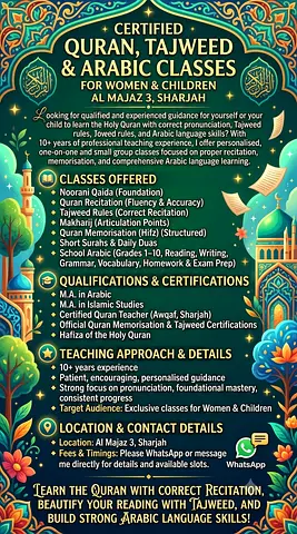 Certified Quran, Tajweed & Arabic Classes for Women & Children | Al Majaz 3, Sharjah