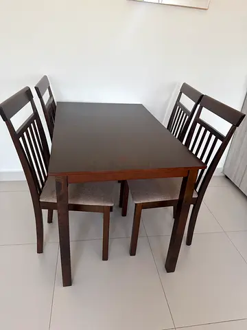 Solid Wood 4-Seater Dining Table with Cushioned Chairs - Dark Brown