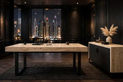 Kyrova Travertine Executive Desk, Office Desk – Foundry